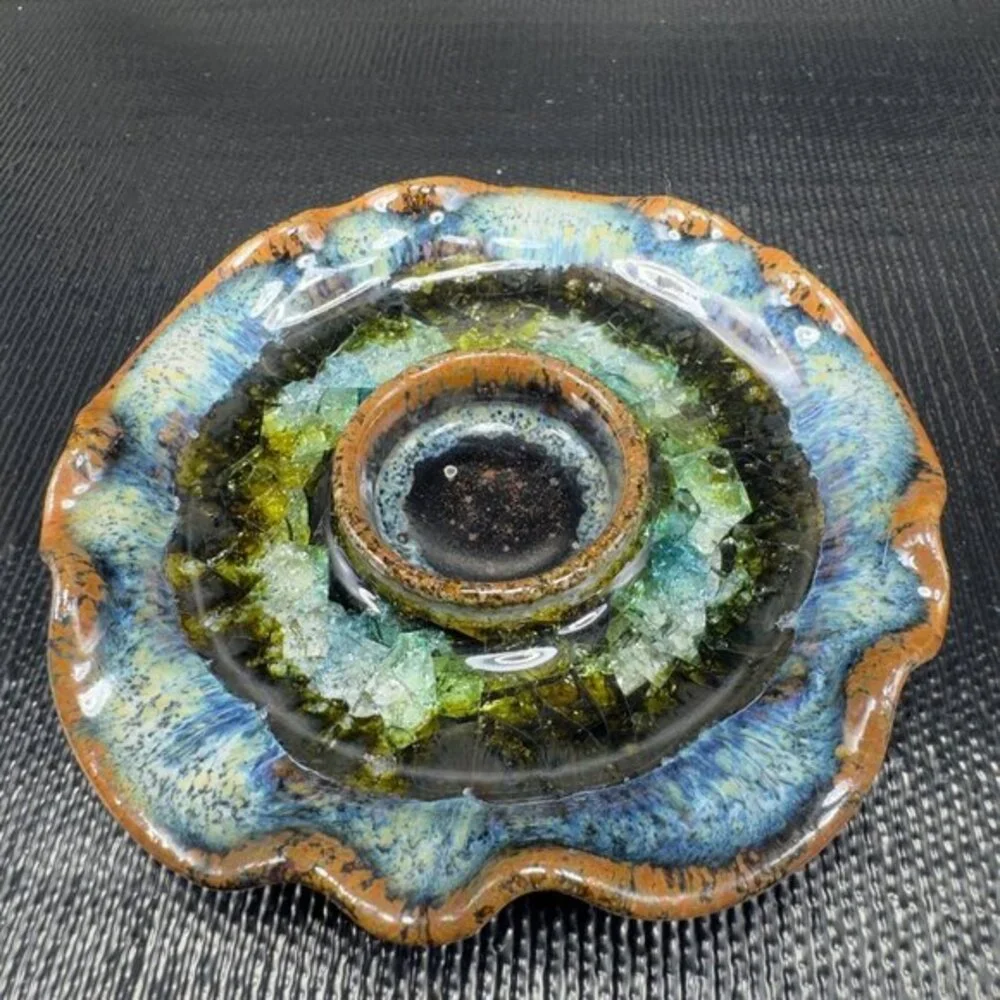 Crystalline Glaze Pottery Ruffle Edge Trinket Dish Tea Light‎ Holder Votive USA